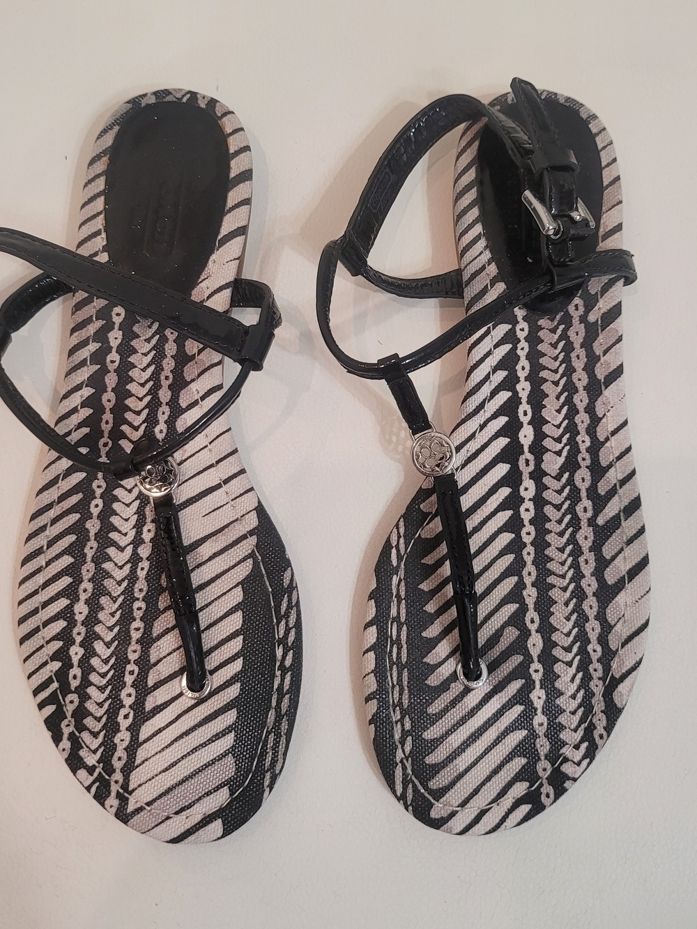 Coach Shirley Black & White Patterned T-Strap Sandals 7.5B